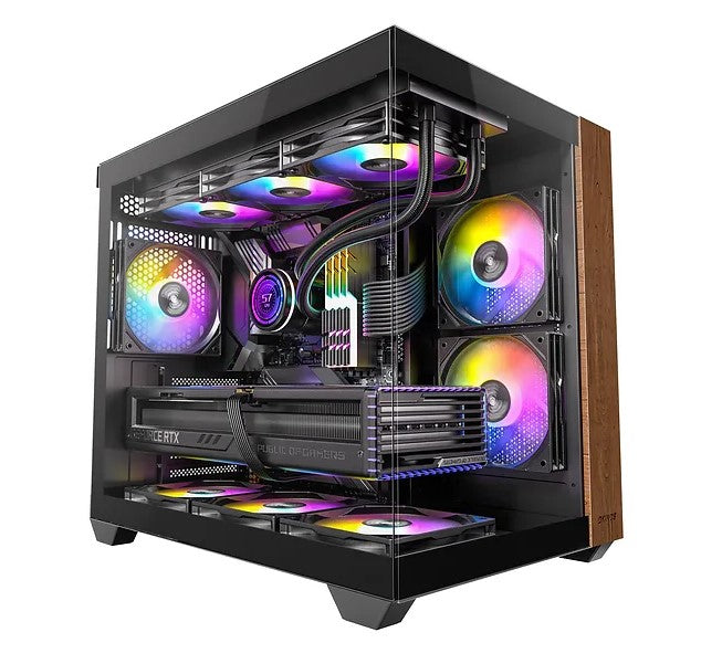 OKINOS M6 ARGB ATX Genuine Walnut Wood, Panoramic View, Type-C, 4 x120mm ARGB & PWM Fans included,Tempered Glass Side Panel, Black, Case