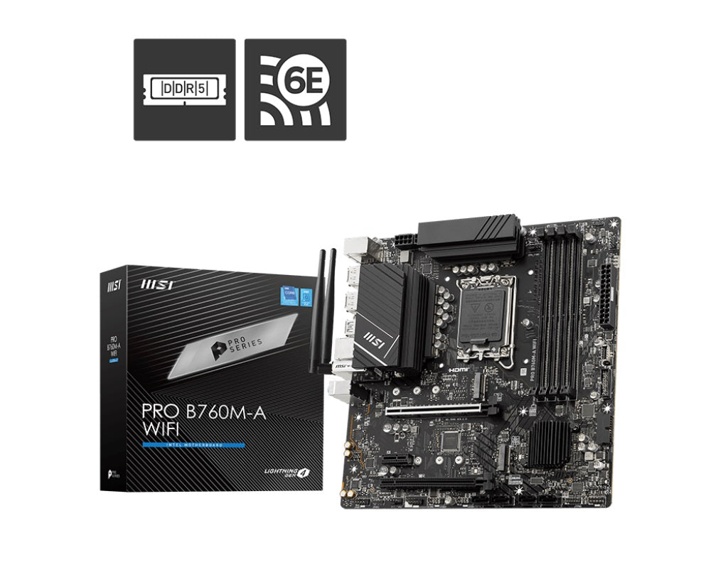 MSI PRO B760M-A WIFI mATX Motherboard, 4x DDR5~128GB, 2x PCI-E x 16, 1x PCI-E x 1, 2x M.2, 4x SATA, 4x USB 3.2 , 2x USB 2.0