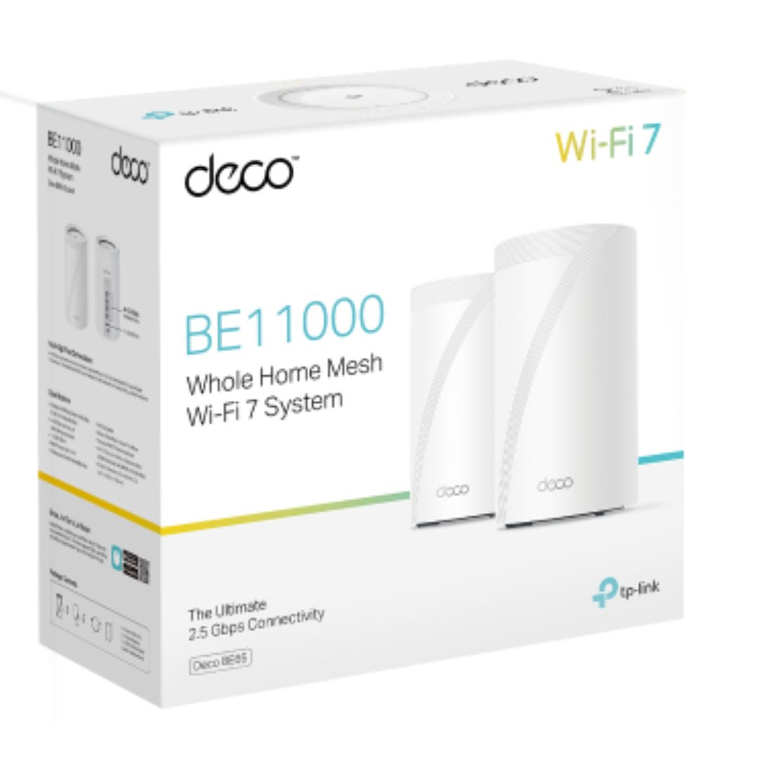 TP-Link Deco Deco BE65(2-pack) BE11000 Whole Home Mesh Wi-Fi 7 System (WIFI7) 574 Mbps at 2.4 GHz + 4320 Mbps at 5 GHz + 5760 Mbps at 6 GHz