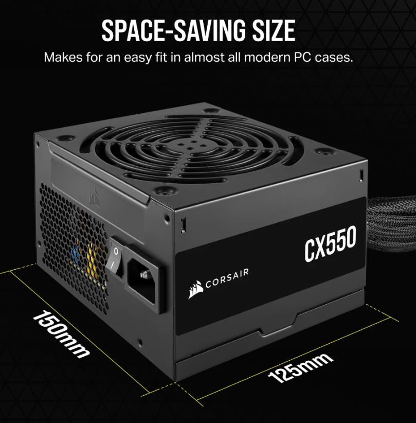 Corsair CX550 550W, 80 PLUS Bronze Certified, Up to 88% Efficiency, Compact 125mm design easy fit and airflow, ATX PSU 2023