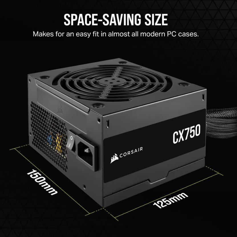 Corsair CX750 750W, 80 PLUS Bronze Certified, Up to 88% Efficiency, Compact 125mm design easy fit and airflow, ATX PSU 2024