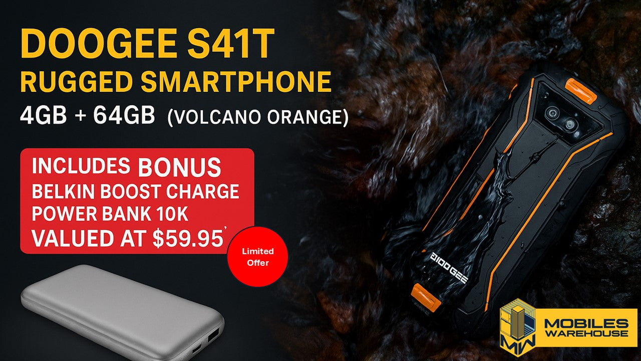 Doogee S41T – 4GB+64GB Rugged Smartphone - Volcano Orange + Bonus Belkin Boost Charge Power Bank 10K (3 Port) - Valued $59.95)