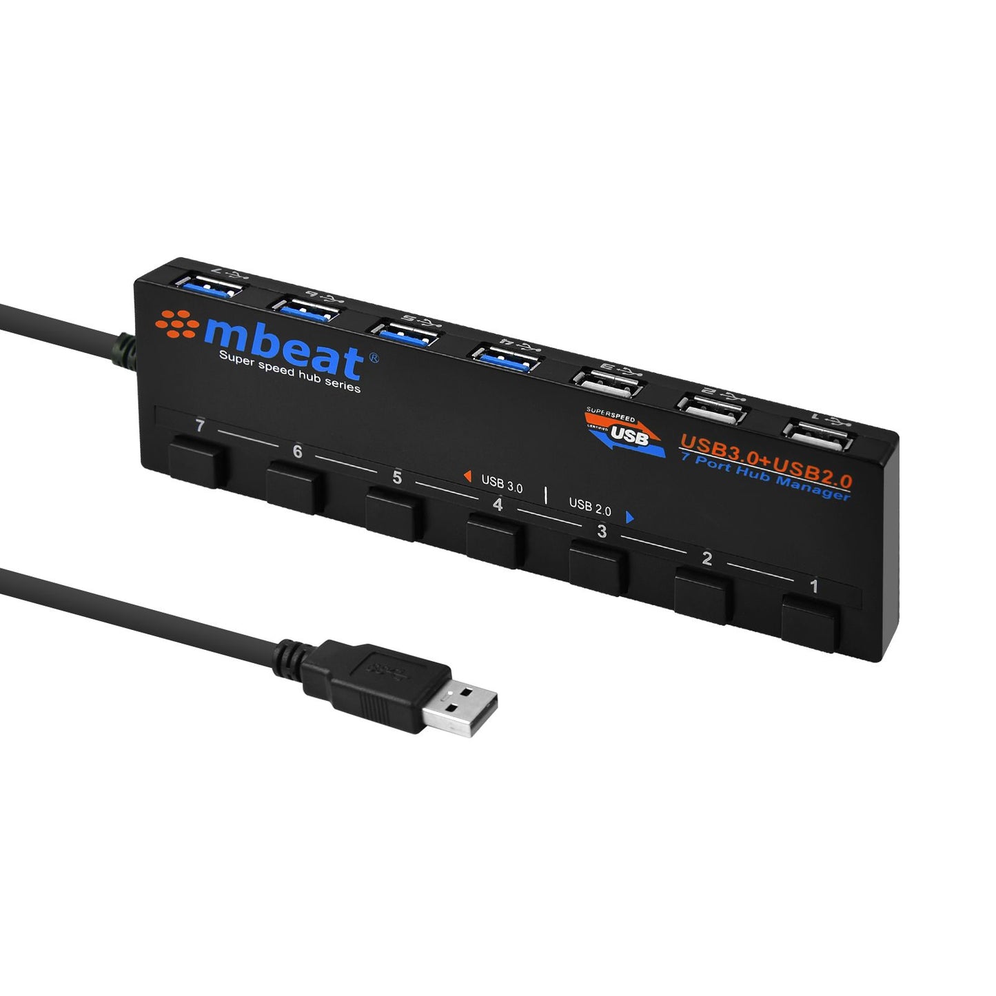 mbeat® 7-Port USB 3.0 & USB 2.0 Powered Hub Manager with Switches - 4x USB 3.0 with 5Gbps/3x USB 2.0 with 2.4Ghz(480Mbps)/Super Fast Hub Weight: 129g