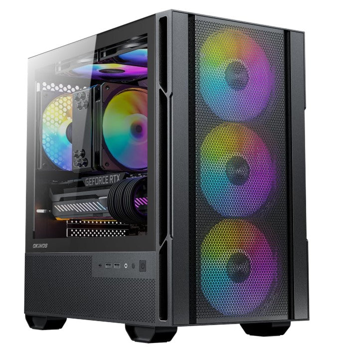 OKINO Cypres 3 ARGB Micro ATX Case, 4 Ã— 120mm ARGB Non-PWM Case Fans Pre-Installed, MATX PC Case, Temper Glass Side Panel, with Type-C, Black