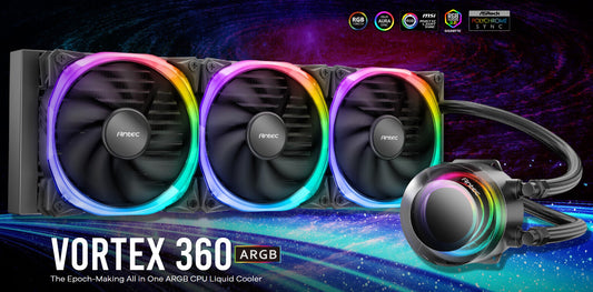 Antec VORTEX 360mm ARGB AIO Liquid CPU Cooler  ARGB Controller, EPDM High-Density Tubing, LGA 115x, 1200, 1700, 20xx, AM3, AM4 AM5, TR4 3 Yrs Wty (LS)
