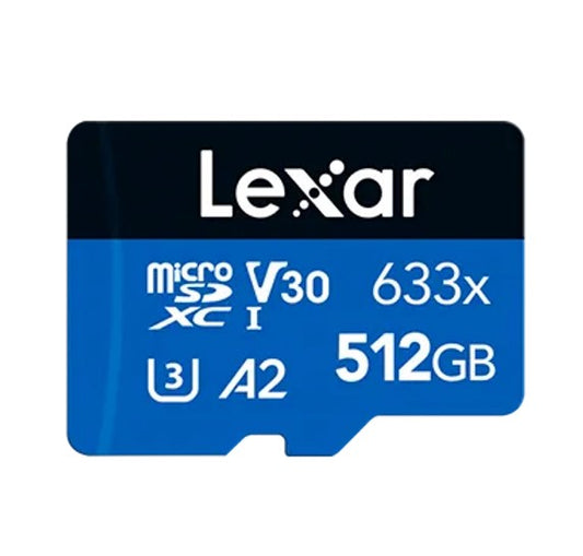 Lexar High-Performance 633x 512GB microSDHCâ„¢ UHS-I Card BLUE Series + adaptor 512GB â€“ C10, A2, UHS-I (U3), V30, up to 100MB/s read, 70MB/s