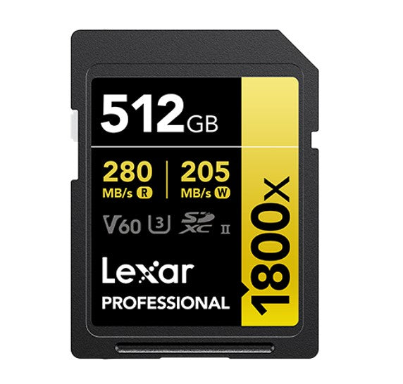 Lexar Professional 1800x 512G SDXCâ„¢ UHS-II Card GOLD Series 512GBâ€”C10,  UHS-II(U3), V60, 1800x, up to 280MB/s read, 205MB/s write