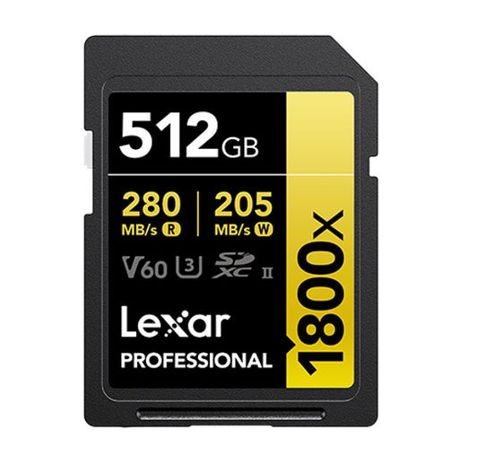 Lexar Professional 1800x 512G SDXCâ„¢ UHS-II Card GOLD Series 512GBâ€”C10,  UHS-II(U3), V60, 1800x, up to 280MB/s read, 205MB/s write