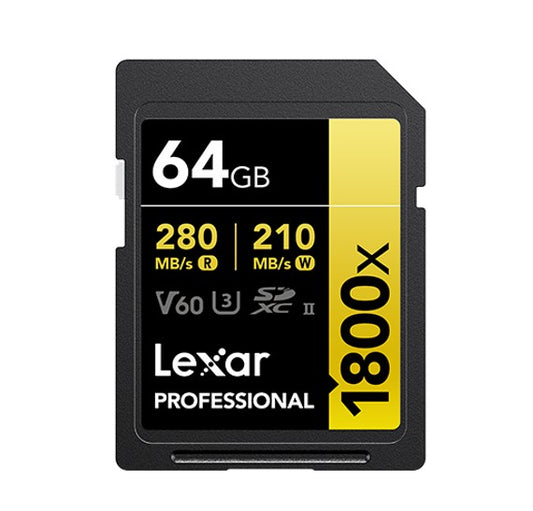 Lexar Professional 1800x 64G SDXCâ„¢ UHS-II Card GOLD Series  speeds up to 280MB/s read1 quickly capture and transfer high-quality photos and stunning F