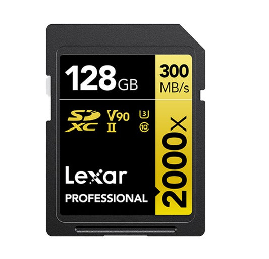 Lexar Professional 2000x 128GB SDHCâ„¢/SDXCâ„¢ UHS-II Card GOLD Series 128GB â€“ C10, UHS-II (U3), V90, up to 300MB/s read, 260MB/s write