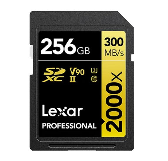 Lexar Professional 2000x 256GB SDHCâ„¢/SDXCâ„¢ UHS-II Card GOLD Series 256GB â€“ C10, UHS-II (U3), V90, up to 300MB/s read, 260MB/s write