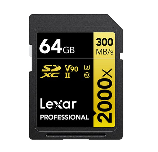 Lexar Professional 2000x 64GB SDHCâ„¢/SDXCâ„¢ UHS-II Card GOLD Series 64GB â€“ C10, UHS-II (U3), V90, up to 300MB/s read, 260MB/s write