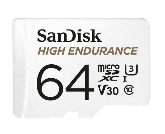 SanDisk High Endurance 64GB microSD 100MB/s 40MB/s 5K hrs 4K UHD C10 U3 V30 -40Â°C to 85Â°C Heat Freeze Shock Temperature Water X-ray Proof SD Adapter