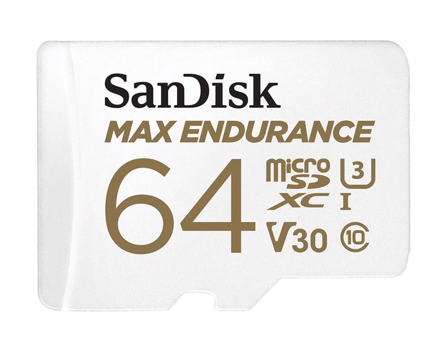 SanDisk Max Endurance 64GB microSD 100MB/s 40MB/s 20K hrs 4K UHD C10 U3 V30 -40Â°C to 85Â°C Heat Freeze Shock Temperature Water X-ray Proof SD Adapter