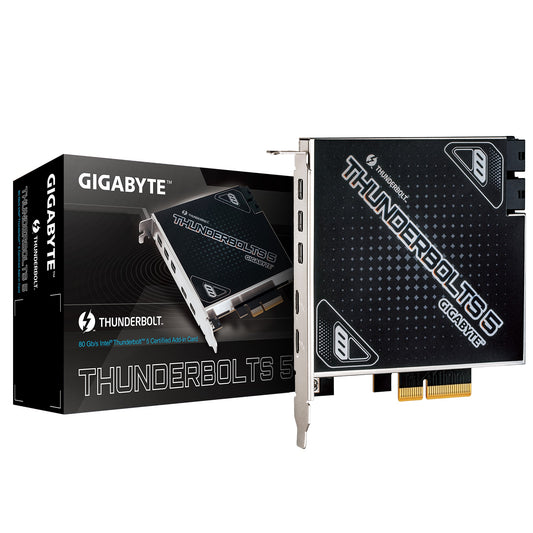 Gigabyte CARD THUNDERBOLTS 5 1.0 add-in cardâ€‹, IntelÂ® JHL9580 Thunderboltâ„¢ 5 controllerâ€‹, Dual Thunderboltâ„¢ 5 Ports, up to 80 Gb/s bi-directional