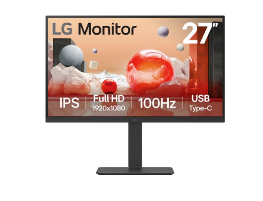 LG 27' IPS FHD 1920 x 1080, USB-C (PD65w) 100Hz 5ms, AMD FreeSync 16:9 Tilt/Height/Swivel/Pivot (Bi-direction) adjustable stand, 3yrs Monitor