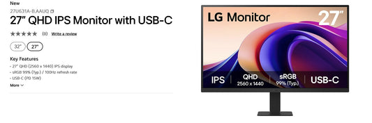 LG 27'' IPS 5ms 2K QHD 2560x1440, HDR10, USB-C (15W) AMD FreeSyncâ„¢ HDMI/DP Tilt VESA 100 x100 mm, SRGB 99%, Office and Home Monitor 2025
