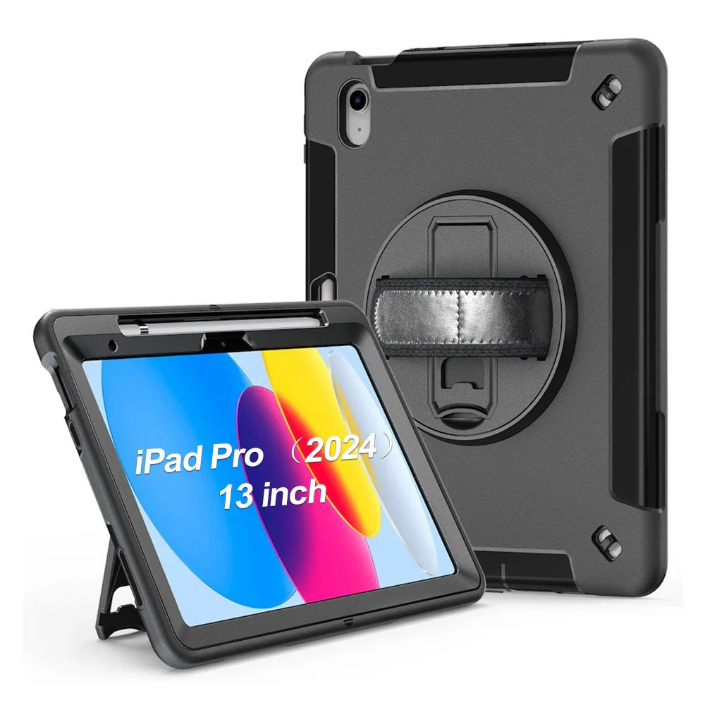 USP Rugged Apple iPad Pro M4 (13') (7th Gen) Case Black - Built-in-Kickstand, Adjustable Hand Strap, Shoulder Strap, Pen Holder, DropProof, ShockProof