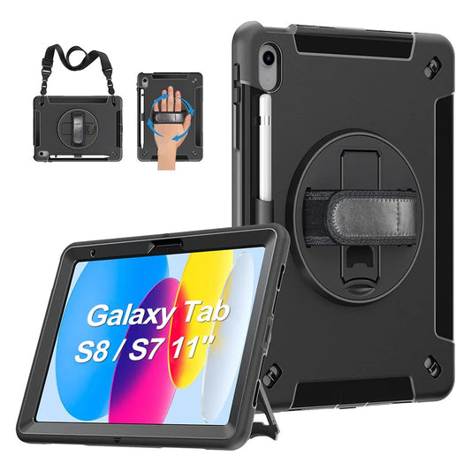 USP Rugged Samsung Galaxy Tab S8 / Tab S7 (11') Case Black - Built-in-Kickstand,Adjustable Hand Strap, Shoulder Strap, Pen Holder,DropProof,ShockProof